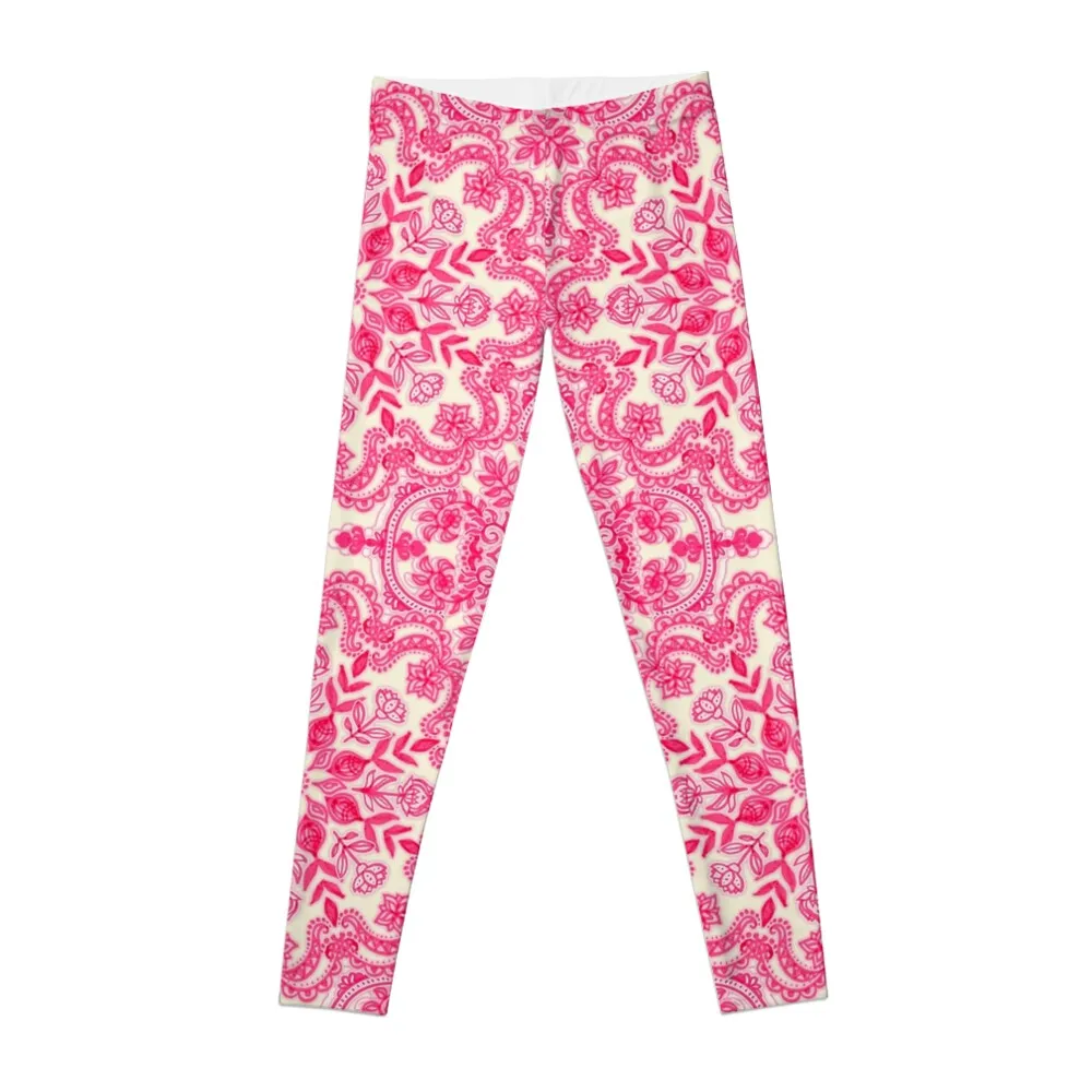 

Hot Pink & Soft Cream Folk Art Pattern Leggings Women's tights gym womans high waist Womens Leggings