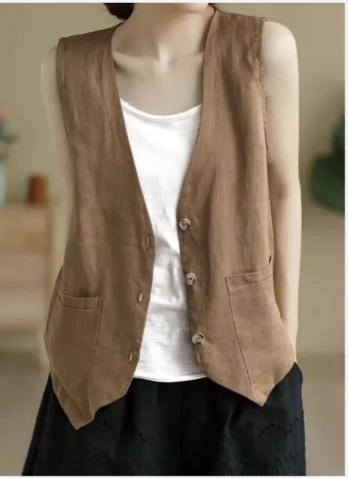 Chaleco de lino para mujer, cárdigans informales sin mangas, chaqueta holgada fina informal con botones, Top, ropa de calle para mujer, chaleco, abrigo