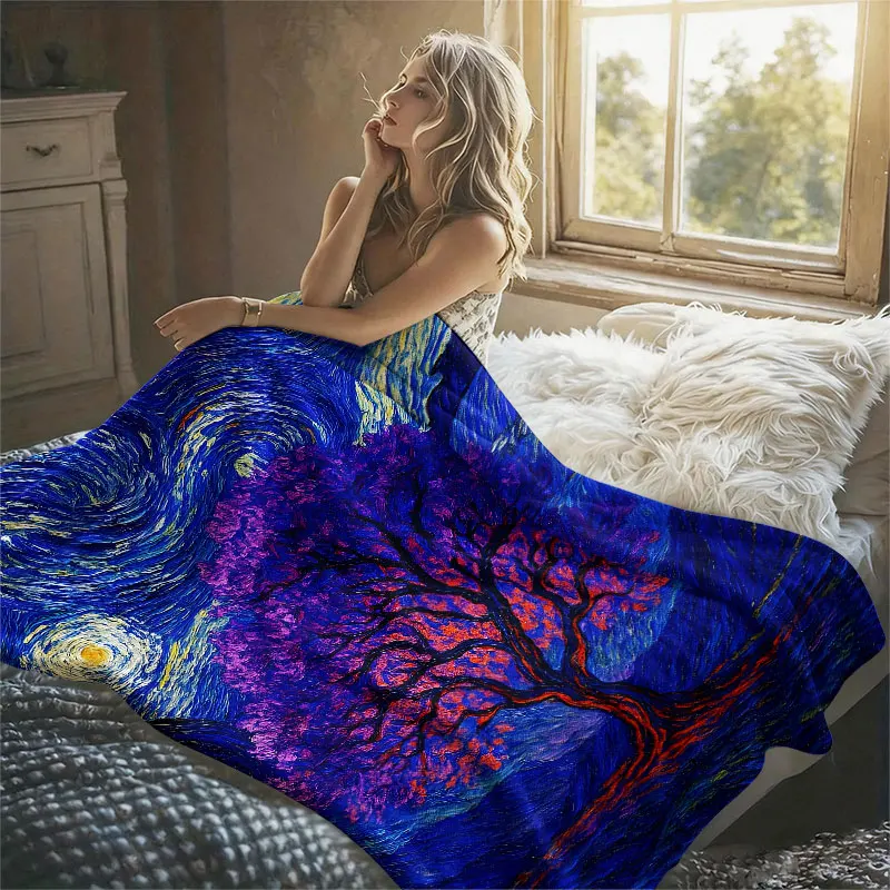 Starry Night Purple Van Gogh Flannel Blanket Perfect for Sofa Office Bed Travel Sleep Read Relax Camping Four Season Use