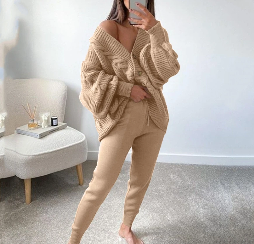 Women 2 Piece Sets Solid Color Knitted Long Sleeve V Neck Cardigan High Waist Pencil Pants Tracksuit Thick Warm Matching Sets