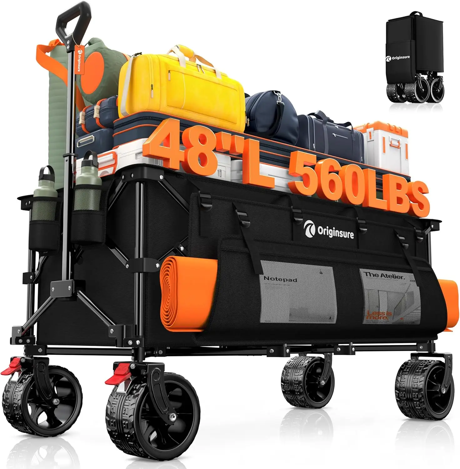 

48" L Collapsible Wagon Cart Foldable, 560LB Weight Capacity 300L Heavy Duty Folding Beach Wagons with Big All-Terrain