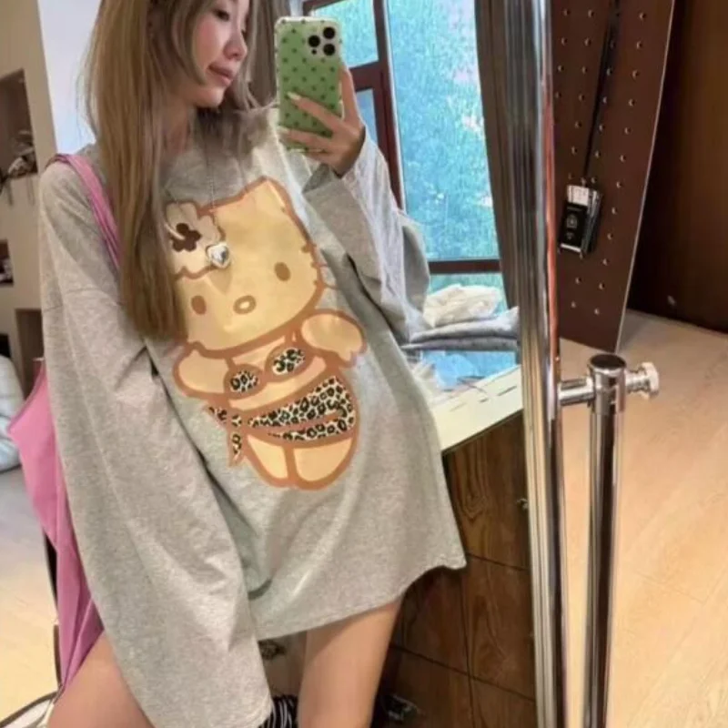 

Футболка Y2K Sanrio Hello Kitty для студентов, свободного кроя, с длинными рукавами, весенне-осенняя, базовый слой, кавайный комплект, женский пуловер, топы с мультяшными персонажами для девочек