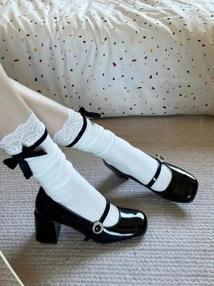 

French Mary Jane Kawaii Sweet Girls Student Lolita Shoes Square Toe New High-heel Pumps Patent Leather Jk Uniform Shoes