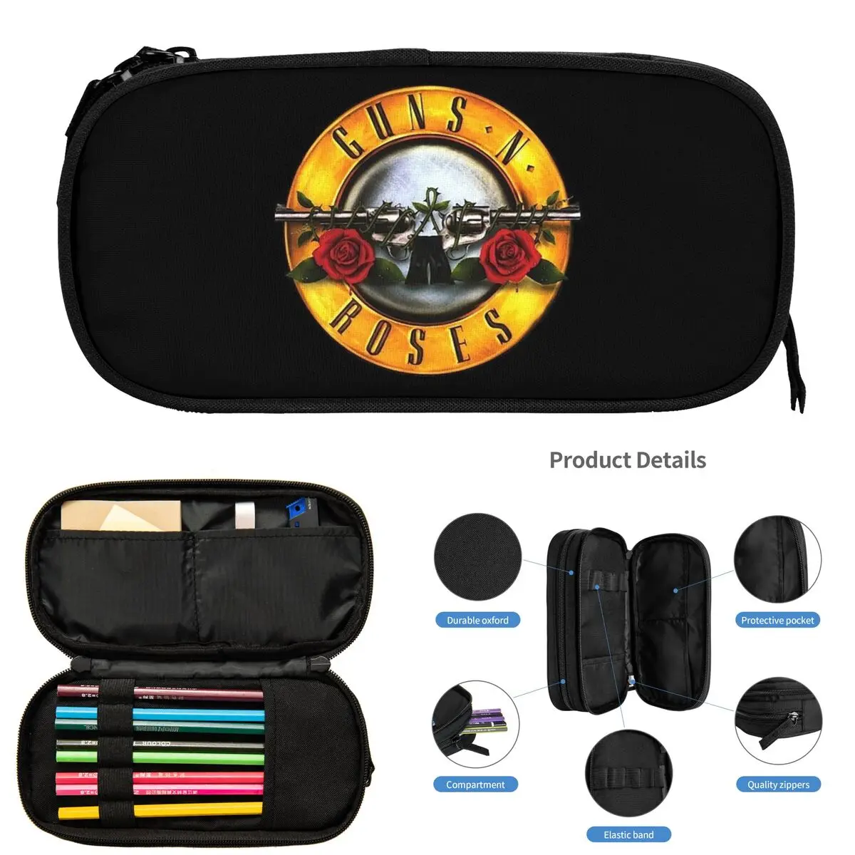 ガンズ・アンド・ローゼス ヘビーメタル スチームパンク 音楽 ペンケース 学生用 学校 ペンボックス ペンバッグ 大容量 ペンポーチ ペンホルダー
