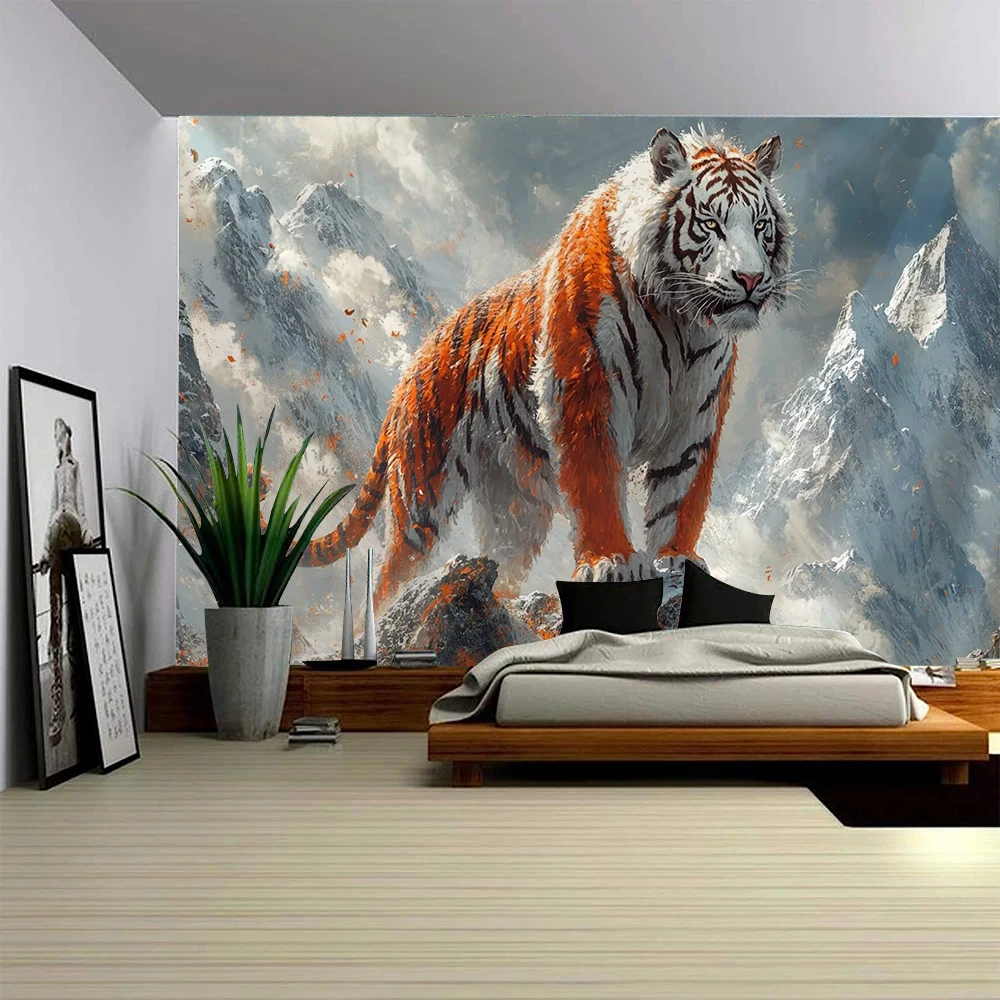 3D majestic tiger overlooking the territory from the mountaintop, home decoration tapestry