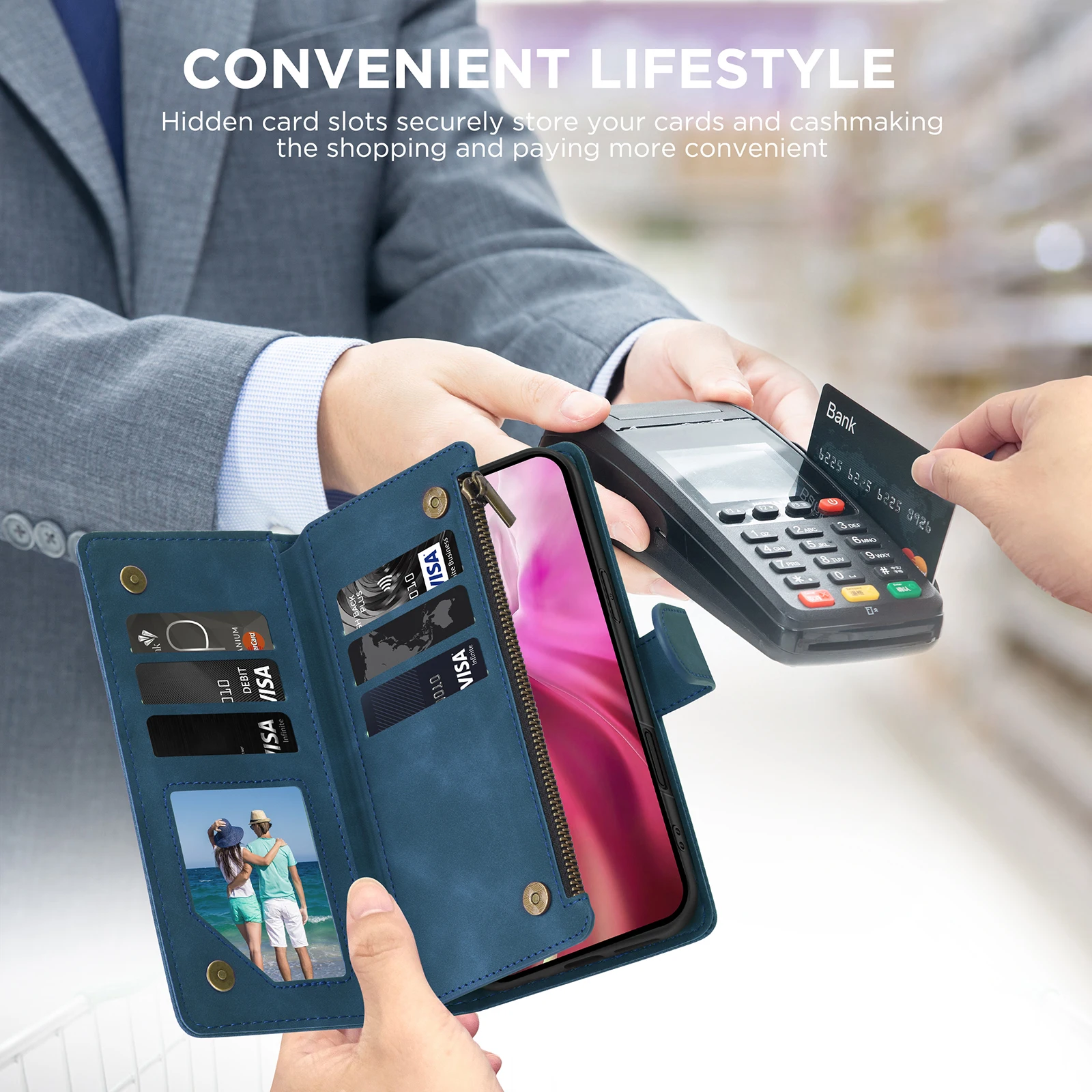 محفظة CAESBON متعددة البطاقات بسحاب مسند مغناطيسي حافظة جلدية لهاتف سامسونج جالاكسي A06 A16 A26 A36 A56 A15 A25 A35 A55 A14