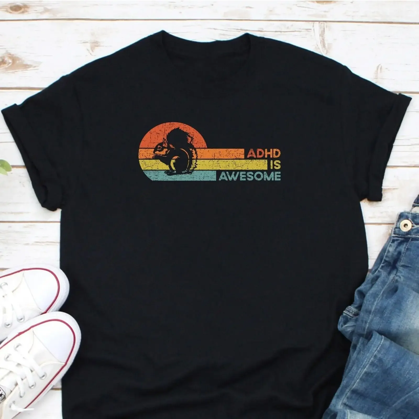 ADHD Is Awesome Squirrel Vintage T Shirt Retro Sunset Awareness Support Attention Deficit Hyperactivity Disorder  vintage Soft