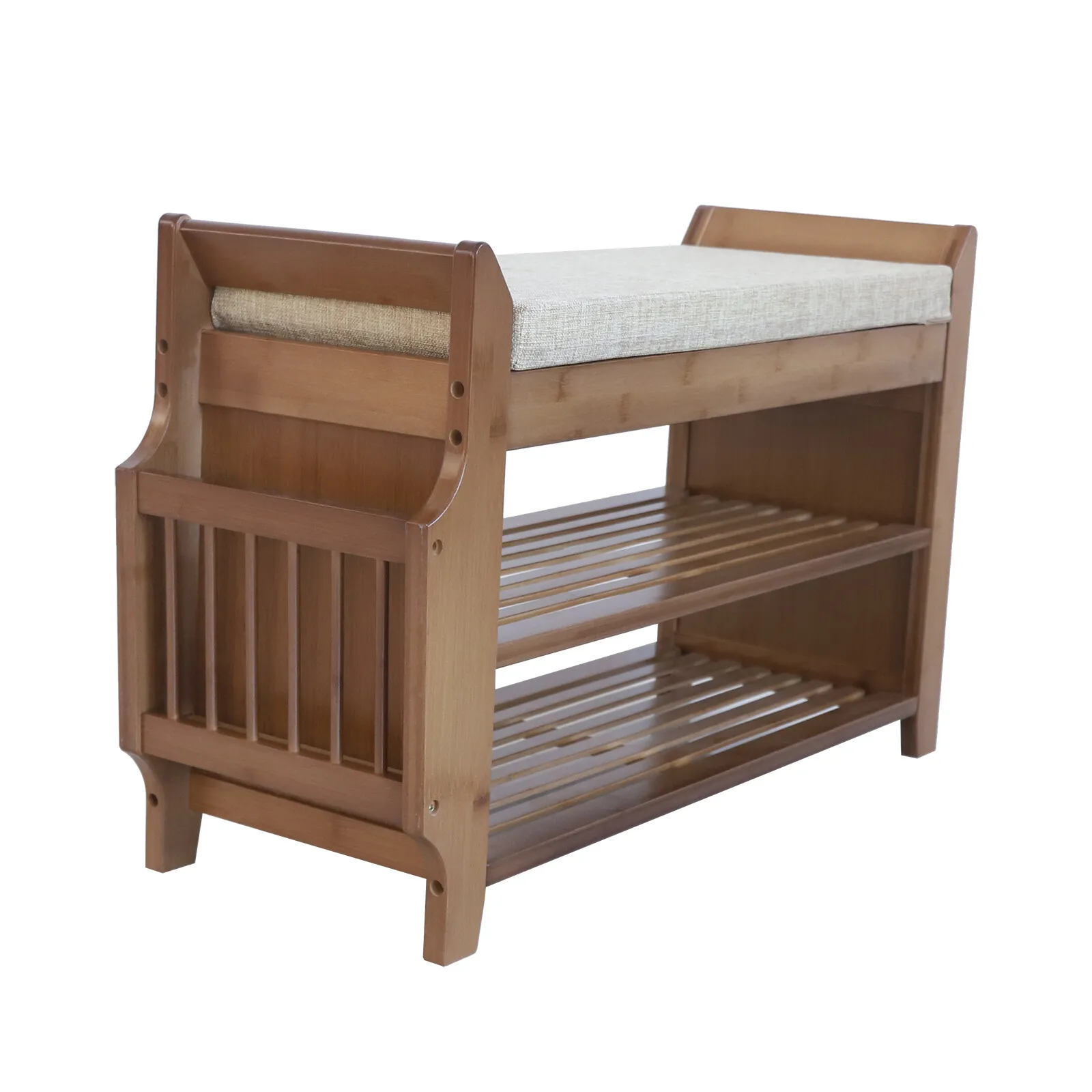 رف تخزين للأحذية مكون من طبقتين من الخيزران مع مقعد ناعم بني للممر، المدخل، غرفة المعيشة،