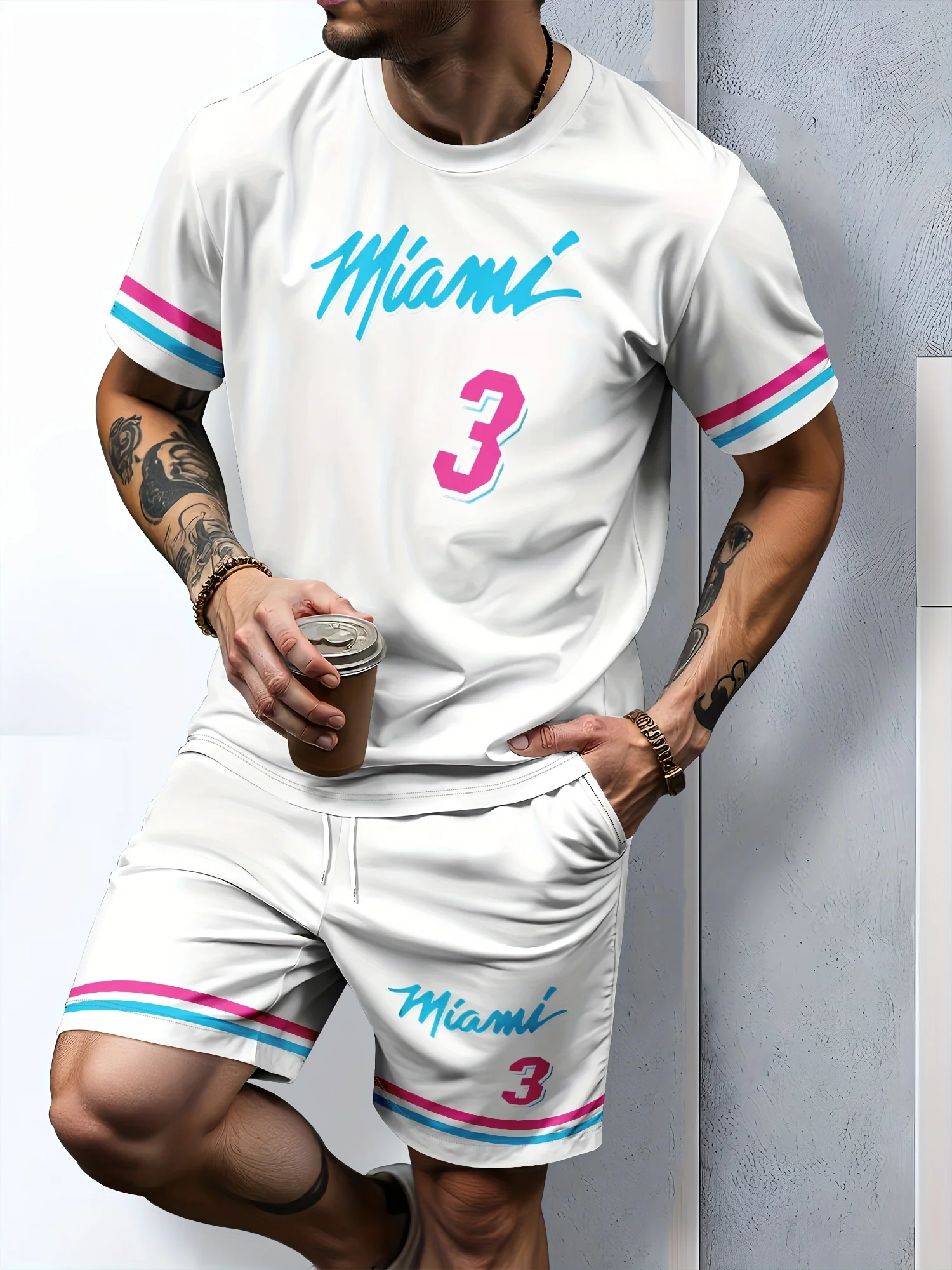 

2026 Summer New Men's Short-Sleeved Set with 3D Digital Pattern Printing for Street Casual Fashion with Breathable Design