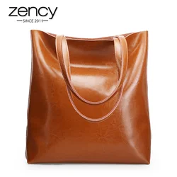 Zency 100% Genuine Leather Vintage Women Shoulder Bag High Quality Fashion Brown Large Capacity Shopping Bags Black Tote Handbag