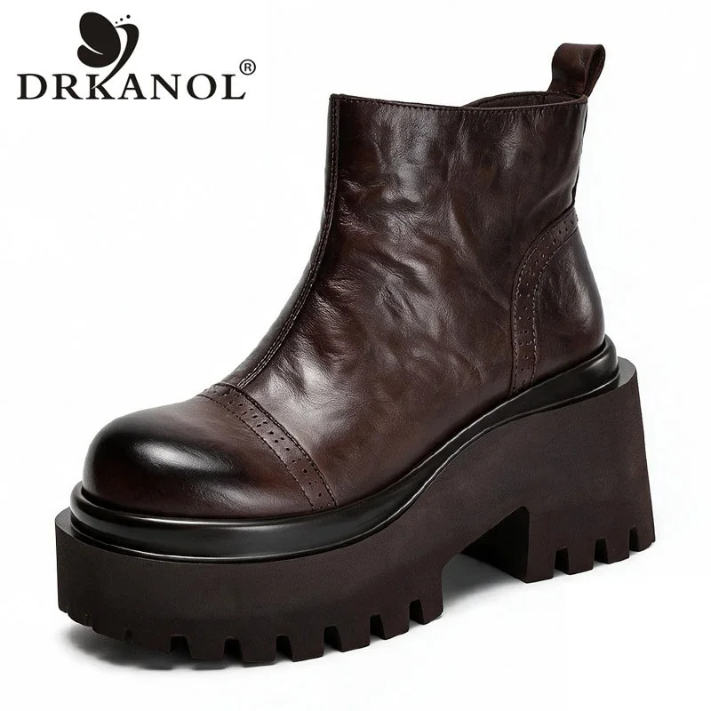 DRKANOL New Design Height Increasing 9cm Ankle Boots For Women Super High Heel Chunky Platform Round Toe Genuine Leather Boots