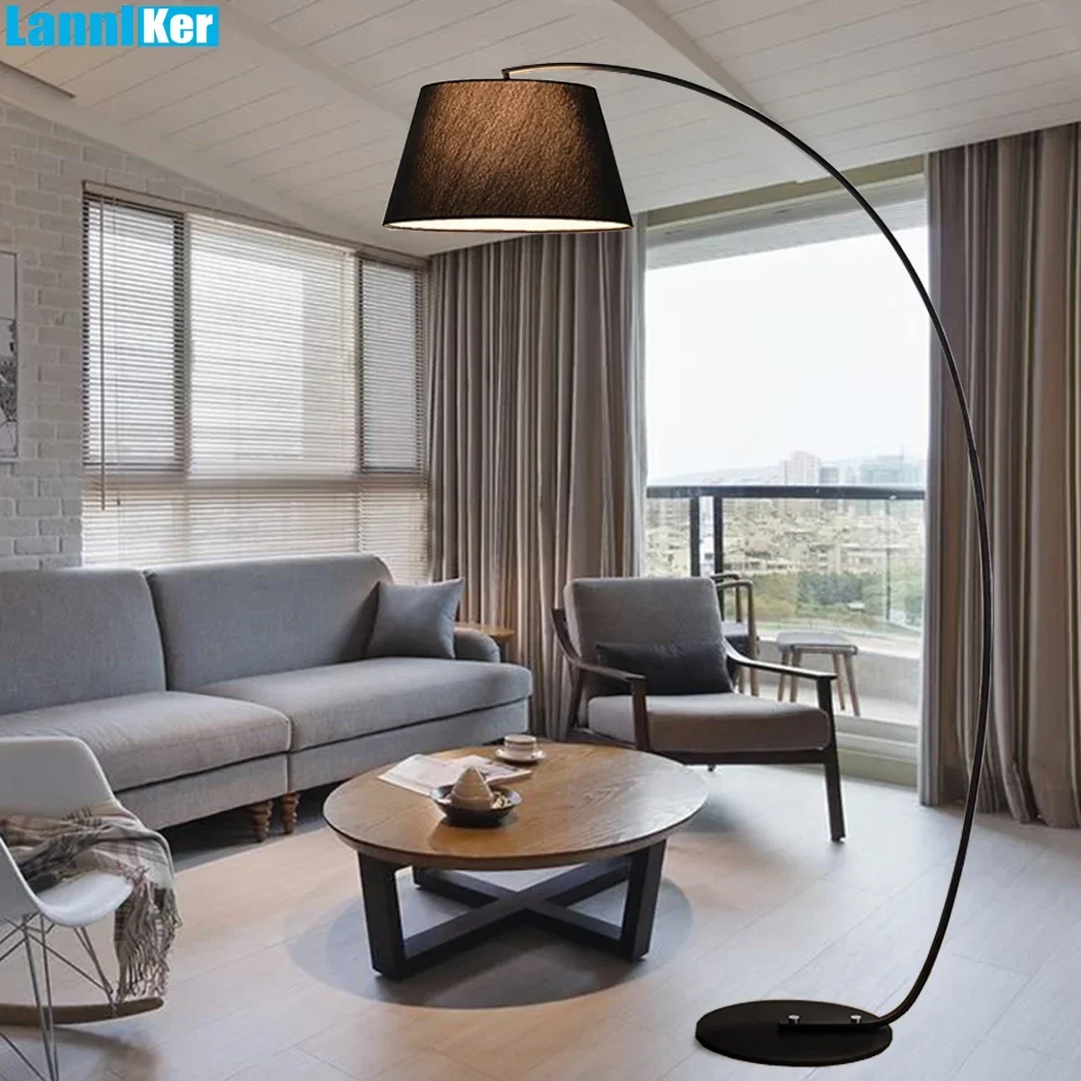 Fishing Lamp Floor Lamp Nordic Living Room Floor Lamp Simple Modern  American Bedroom Black Metal Fabric Decoration Floor Light