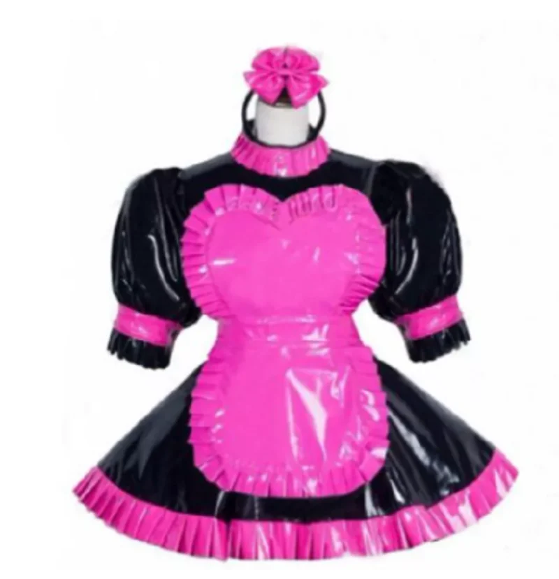 Hot New PVC Ruffle Sissy Women Fries Pink Bows Short Dress Crossing Custom
