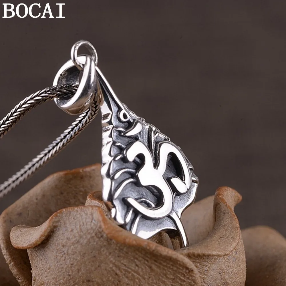 

BOCAI New Real S925 Pure Silver Jewelry Retro Handmade Thai Buddhism Six-Character Mantra Hum Pendant for Women