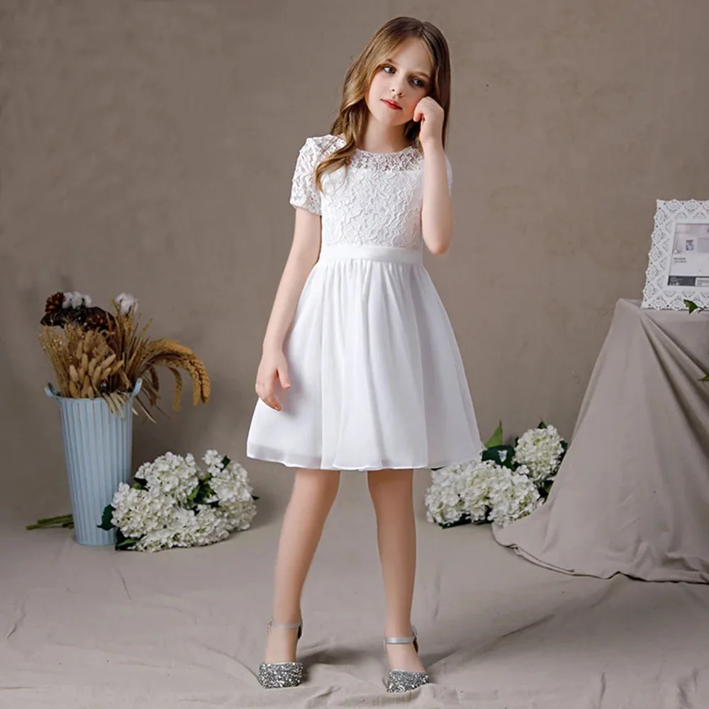 KYDYNQJ Short Sleeve Lace Chiffon Flower Girls Gown First Communion O Neck Knee Length A Line Junior Bridesmaid Dress