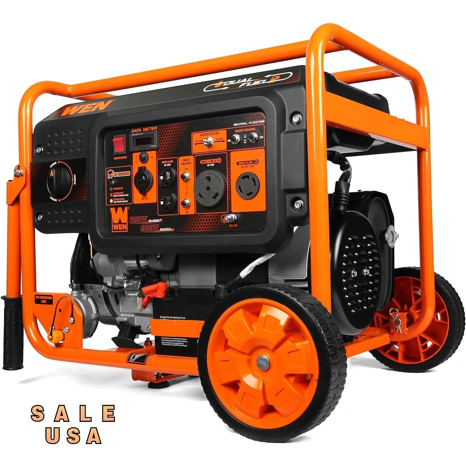 

WEN DF623X 6250-W 120-V/240-V Dual Fuel Electric Start Portable Generator W/ Wheel Kit and CO Shutdown Sensor, Black | USA | NEW