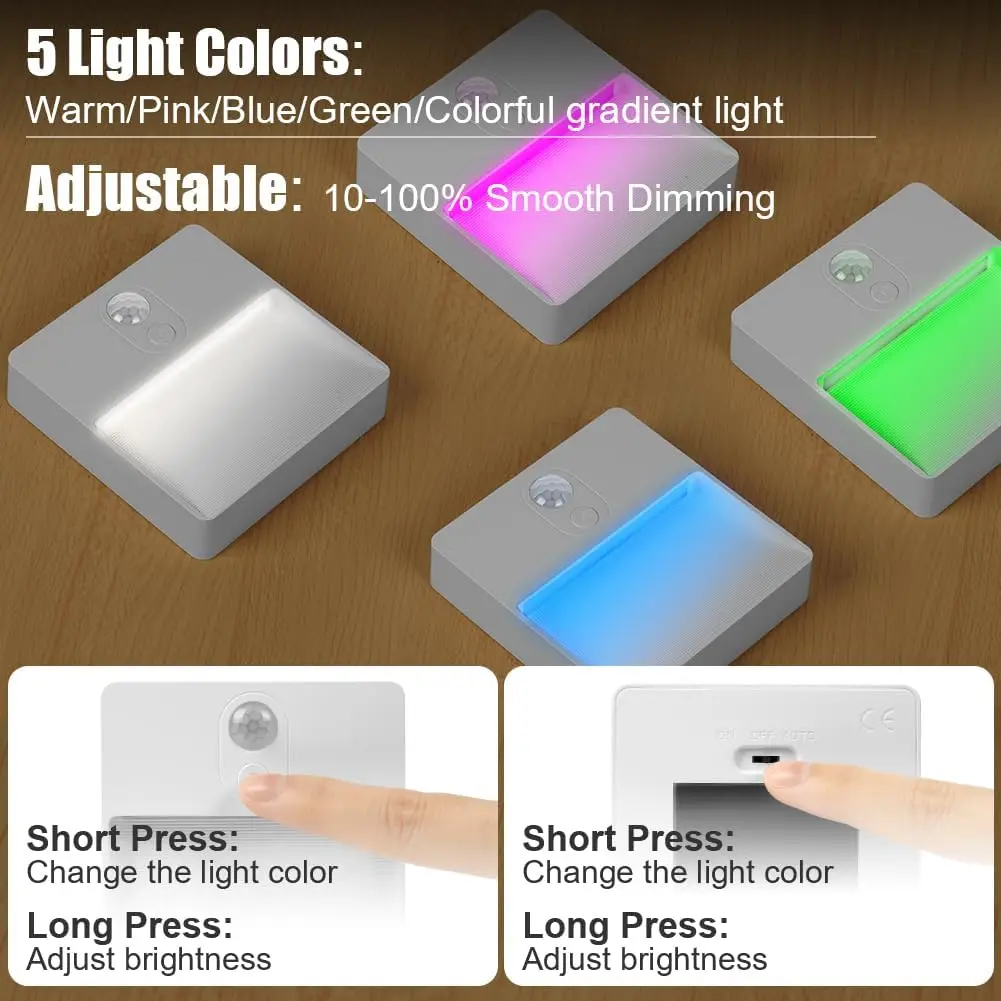 RGB Night Light with Motion Sensor, 3 Modes (ON/AUTO/OFF) and 5 Brightness Dimmable for Bedroom, Hallway, Living Room, Stairs