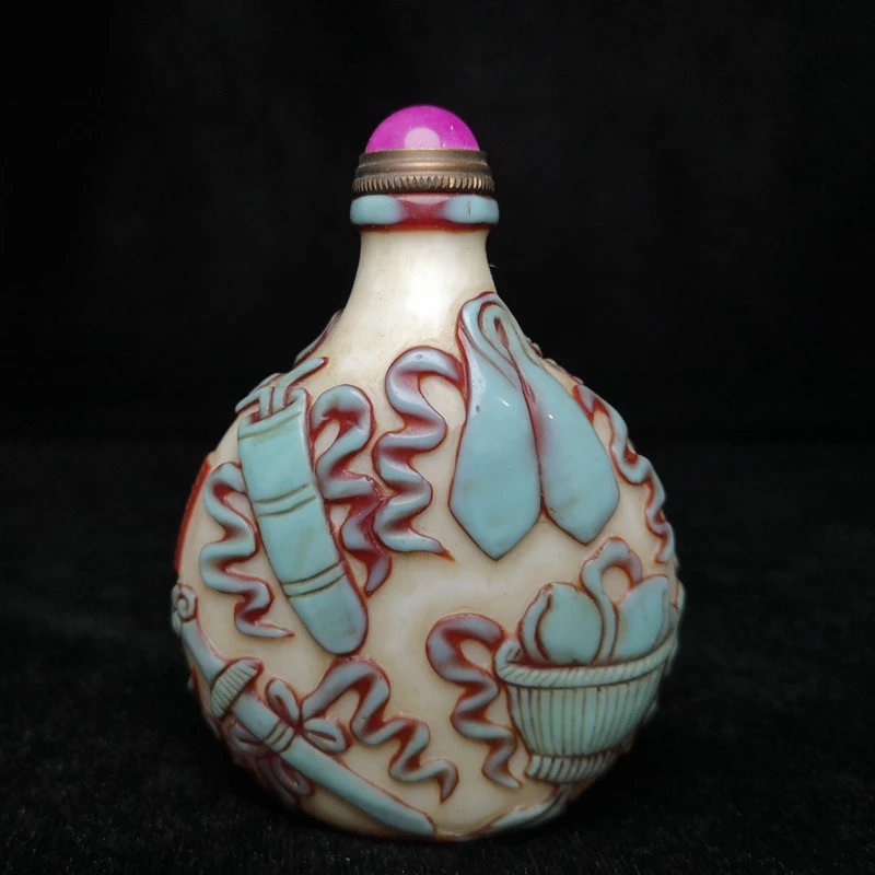 

YIZHU CULTUER ART Size 3.4 Inch Chinese Old Beijing Glaze Carving cloaking Eight immortals Snuff Bottle