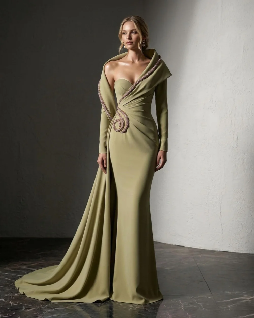 

Customized Elegant Women Jersey Rhinestone Pleat Mermaid Evening Dress Fashion Square Neck Long Sleeves Floor Lenght Party Gowns