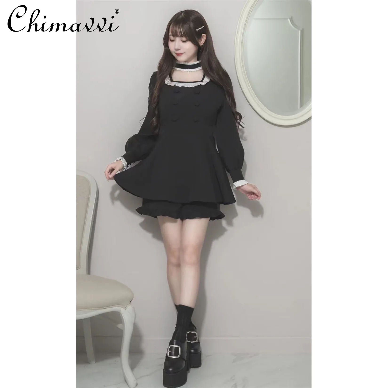 اليابانية الحلو فتاة المختنق الصليب مزدوجة الصدر فستان الدانتيل أعلى + مجموعة تي شيرتات قصيرة للأطفال Kawaii لوليتا فتاة النساء Y2k قطعتين مجموعة