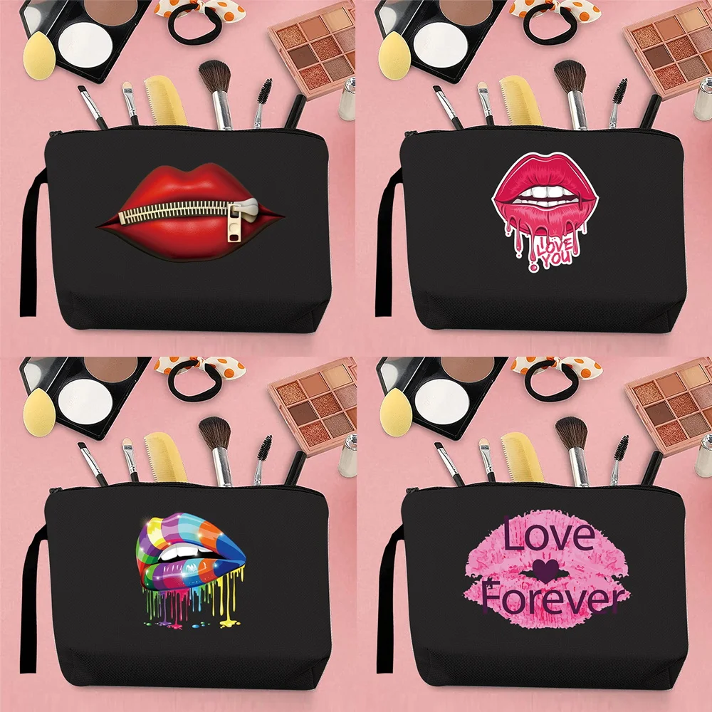 

2025 Hot Sale Woman Bags Cosmetic Bag Sexy Lips Pattern Print Cosmetics Outdoor Commuter Travel Canvas Black Storage Clutch