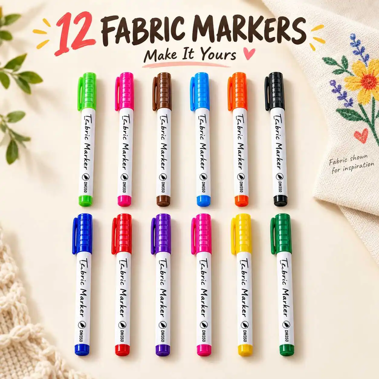 12pcs Fabric Marker Pens Assorted Colors for Textile Art T Shirts Shoes and DIY Drawing