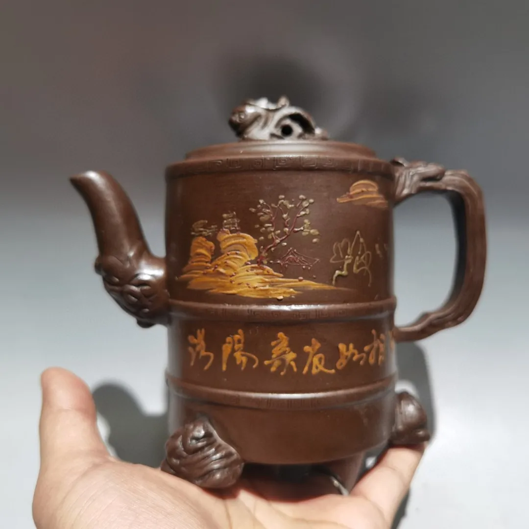 Purple Clay Pot Mud painting scenery Engraved pattern Three legged pot Kettle Teapot Pot Tea