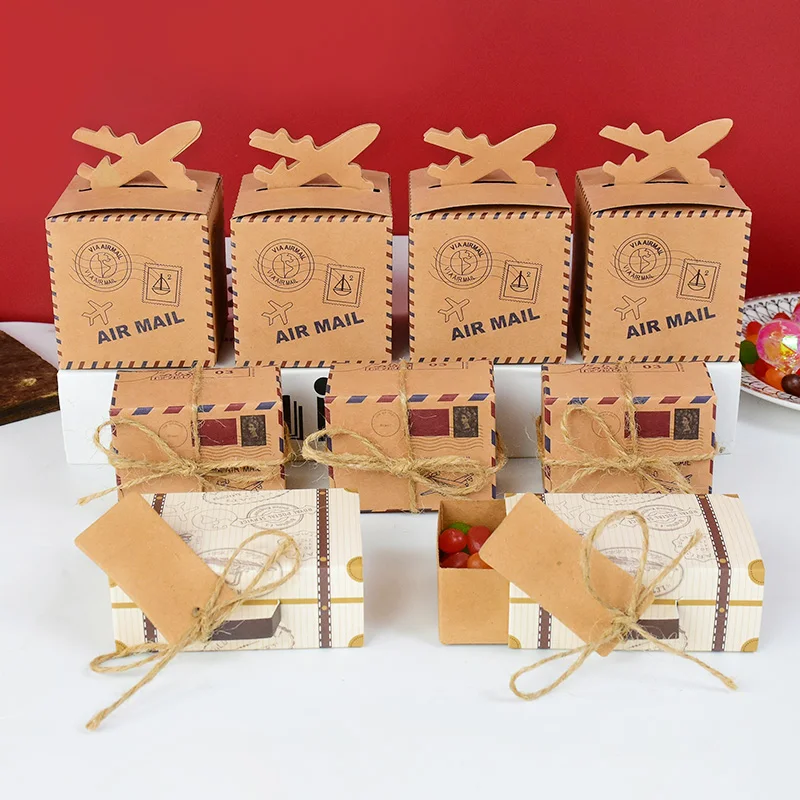 10p Mini Suitcase Candy Boxes with Rope Travel Theme Stamp Decor Kraft Paper Drawable Box Wedding Birthday Gift Packaging Supply