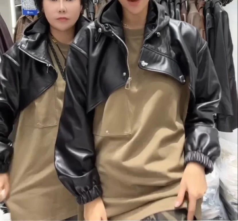 تأثير التخسيس Ultra-ort جلد الضأن Jaet المرأة طويلة Sve مقنعين فضفاضة تناسب ملابس خارجية من الجلد الطبيعي