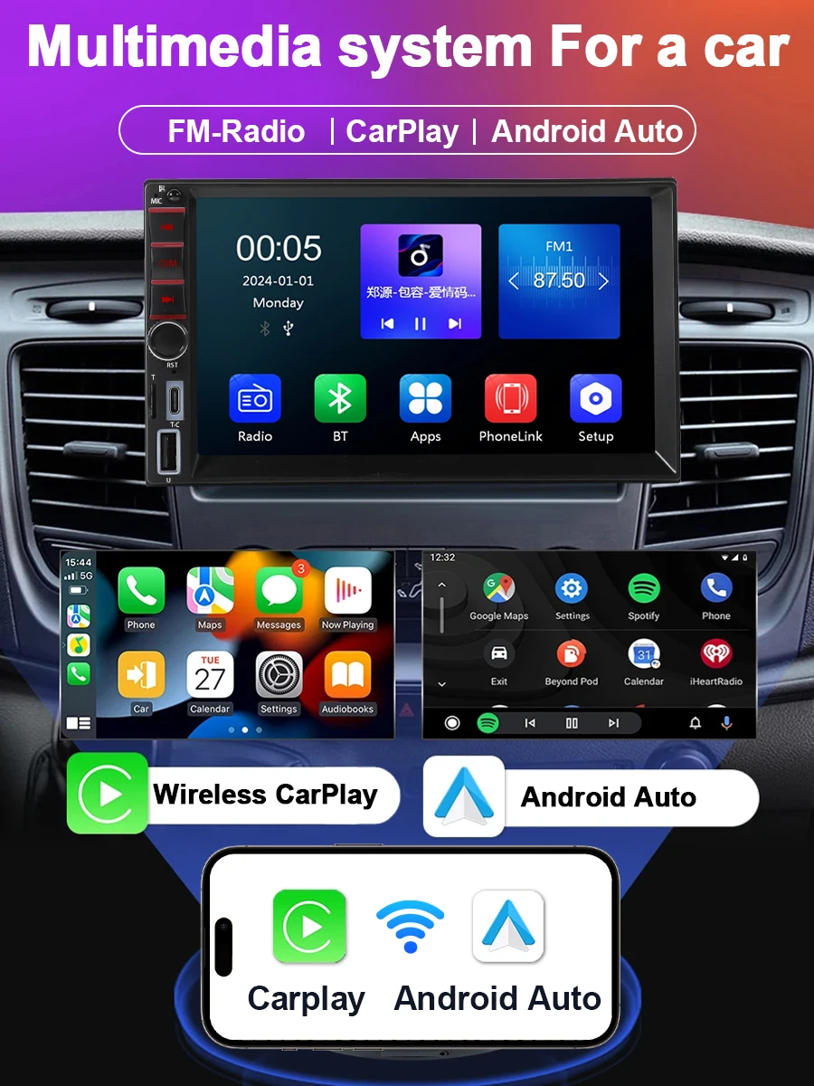 HD 7inch IPS 2din Carplay Android auto Stereo Car Radio Multimedia MP5 Audio Automotive Autoradio For VW BMW Toyota Honda KIA