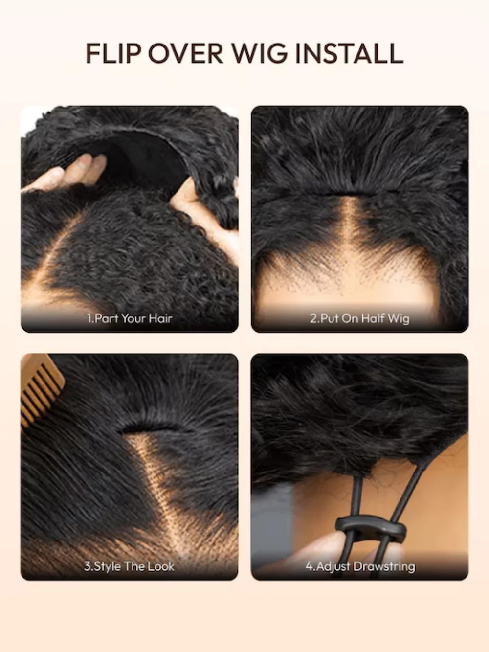 Afro Curly Blend & Secure DrawstringHalf Wig 4C Kinky Curly Human Hair 3/4 Half Wig Beginner Friendly Headband Curly Wig