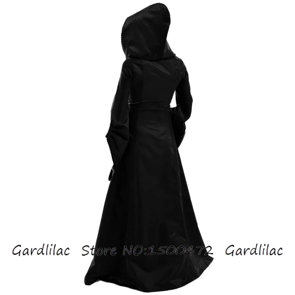 فستان نسائي طويل على الطراز القوطي الساحرة برباط علوي فستان بقلنسوة عتيق زي الهالوين التنكري بقلنسوة #4