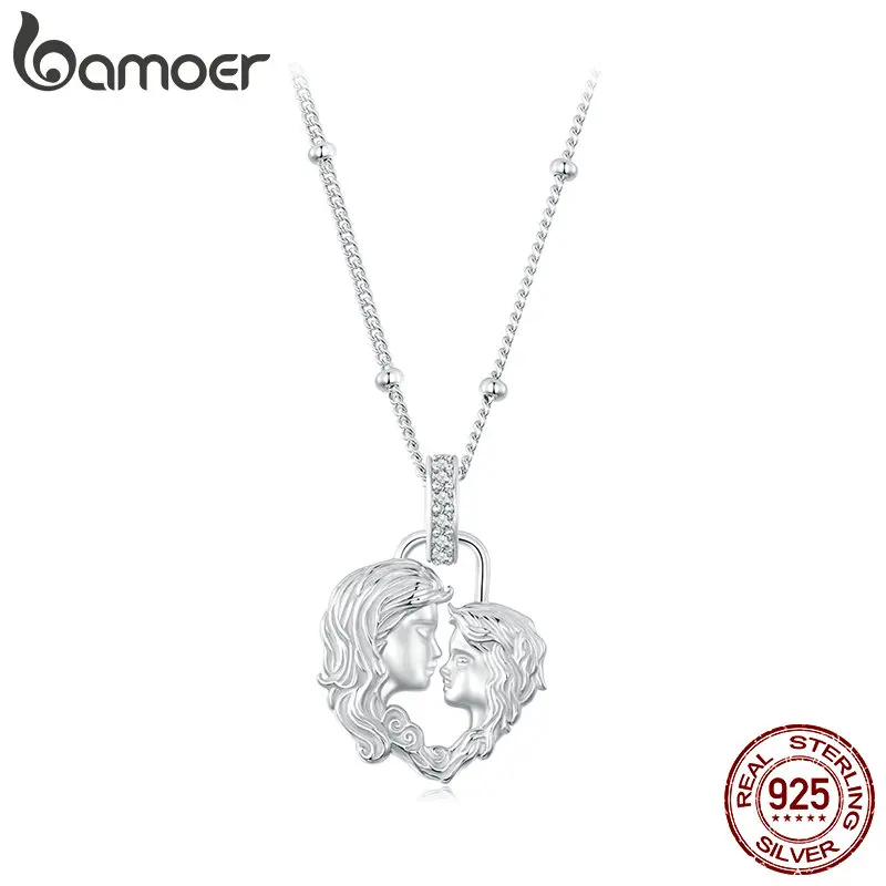 BAMOER 925 Sterling Silver Mom and Son Pendant Necklace Heart-shaped Necklace for Women Fine Jewelry Gift SCN525