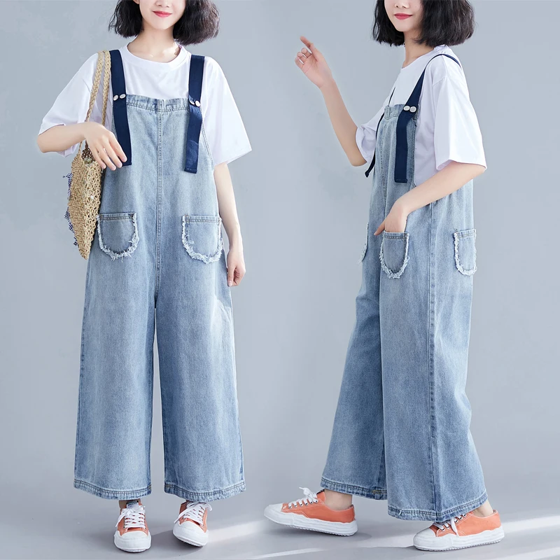 

Denim Strap Pants Jeans Bib Jump Suit Full Length for Women Contrast Overalls Rompers Retro Big Pocket Loose Casual Large Size