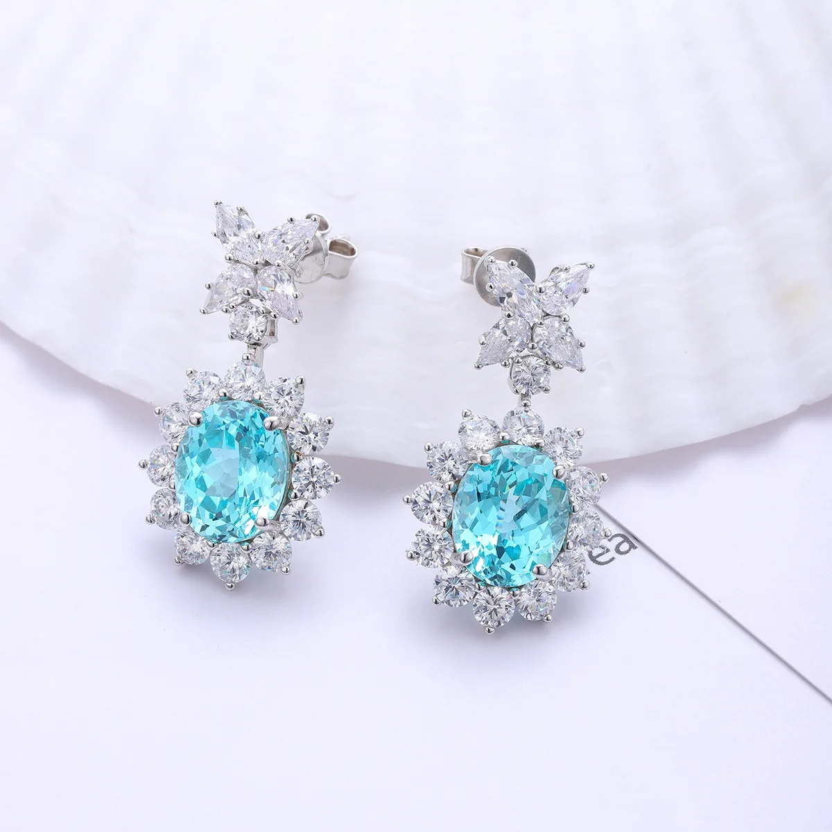 Elegant Star Zircon Double Halo Dangle Earrings S925 Silver Oval 9*11mm Lab Paraiba Color YAG Banquet Women Earring