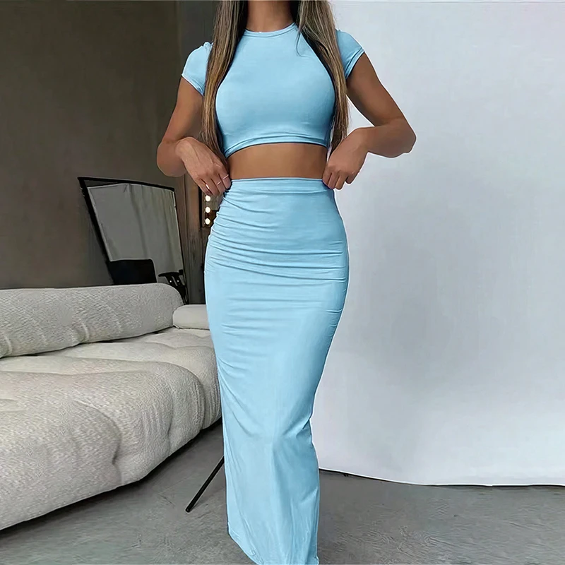 Summer Sexy T-shirt Skirt Two Piece Set Women New Short Sleeve O-Neck Crop Top High Waist Skirt Solid Fashion Casual Slim Suit