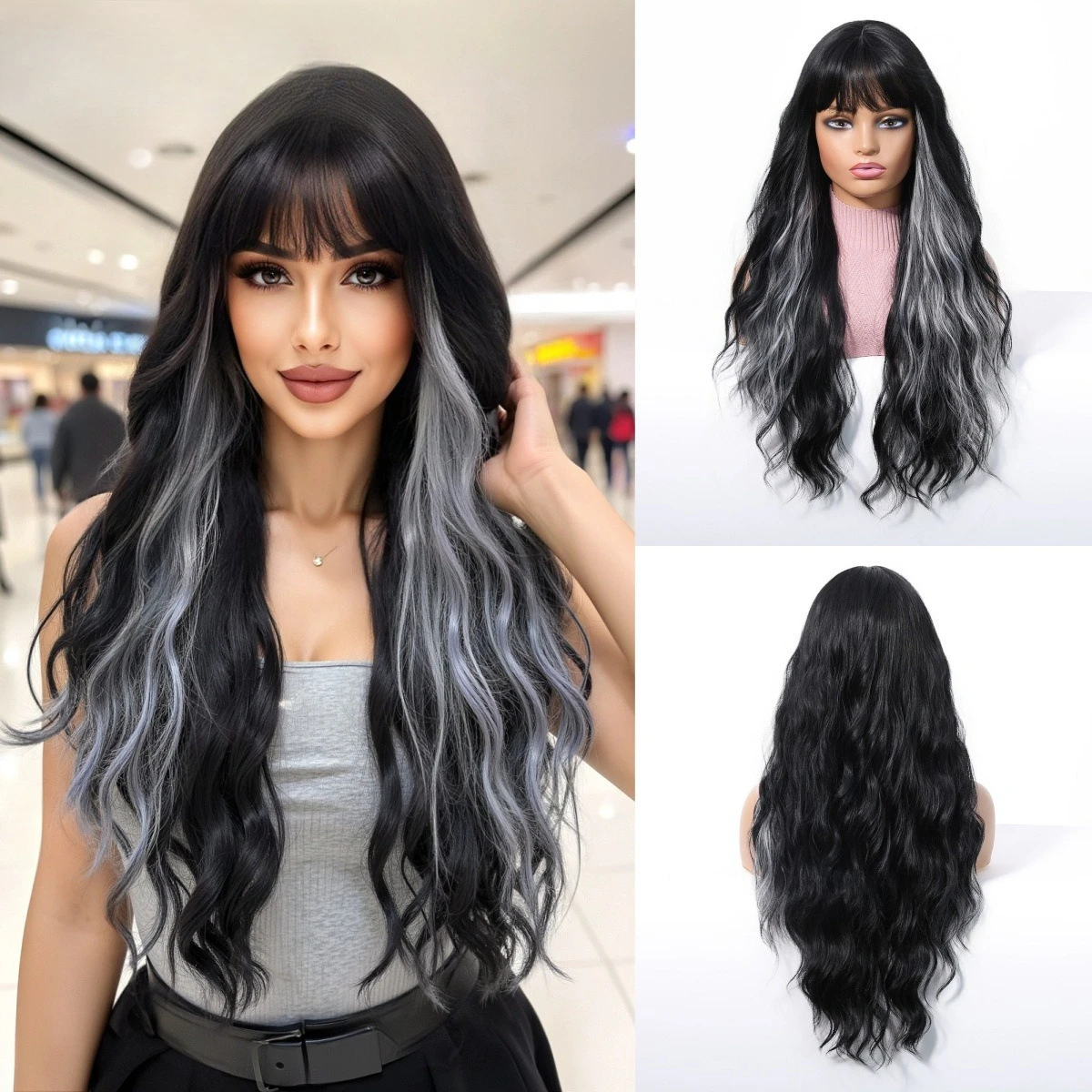 

Dopamine color European and American Qi bangs big waves long curly hair hot-selling wig full head hairstyle