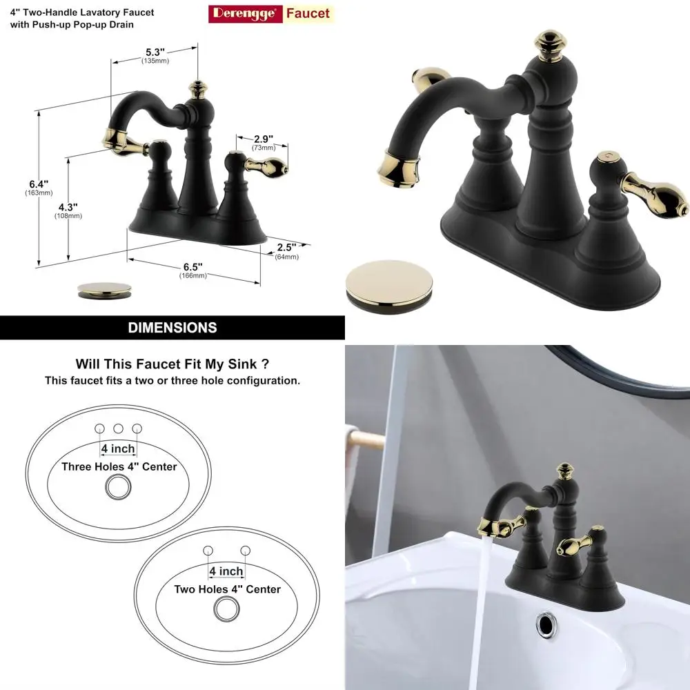 

Matte Black 3-Hole Bathroom Sink Faucet with Polished Brass Trim, 4 Centerset, 360° Swivel Spout, Overflow & Pop-Up Drain