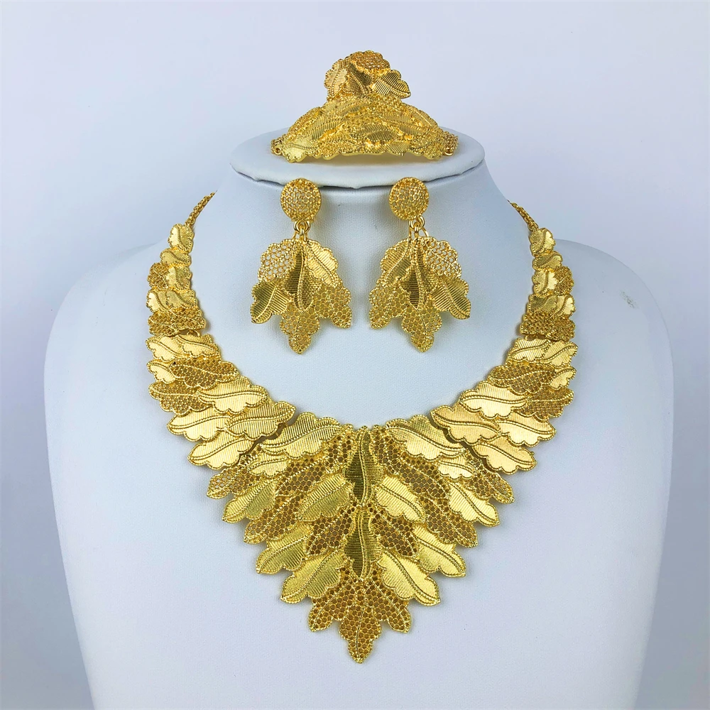 Eale conjunto completo de joias cor dourada 18k, design com pingente de folha, colar, brincos, pulseira, anel italiano dubai, placa de ouro