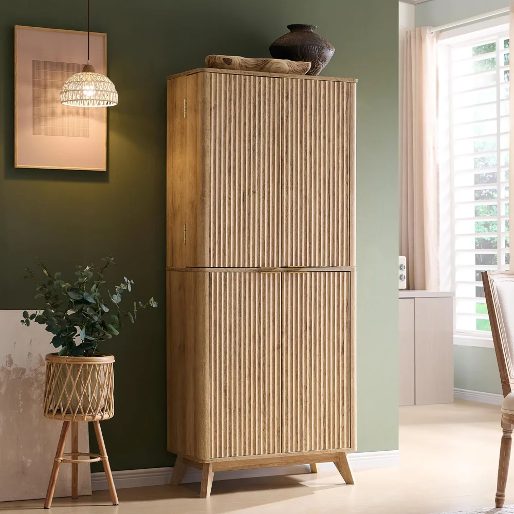 

72" Tall Fluted Pantry Storage Cabinet with Adjustable Shelves & Door Racks, Curved Profile Design, Spacious Dual-Zone
