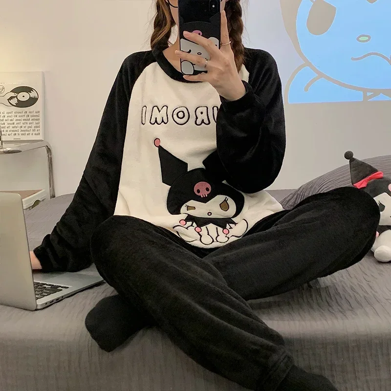 New Sanrio Kuromi Pajama Sets Women Winter Warm Cute Sleepwear Print Pajama Cartoon Home Clothes Valentine\'S Day Gift Soft