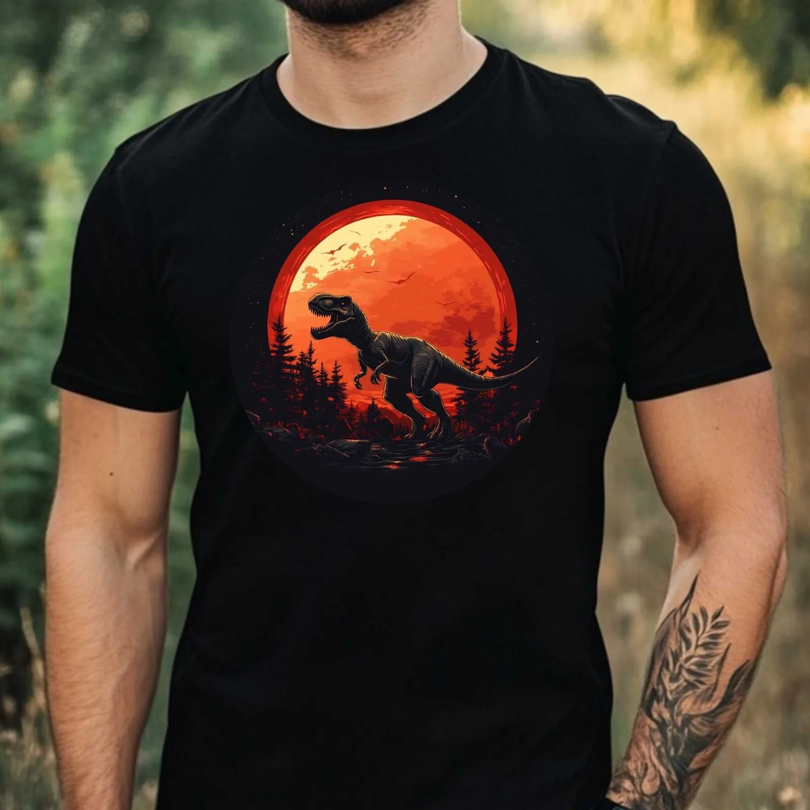 Mens T-Shirt T-Rex Red Moon Motif Cotton Size XS to 5XL