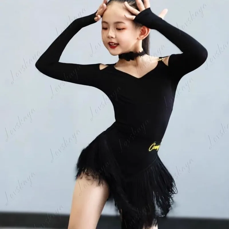 New Style Latin Dance Outfit - Women's Dance Training Suit with Long Sleeves and Frilled Skirt for Children in Black Set