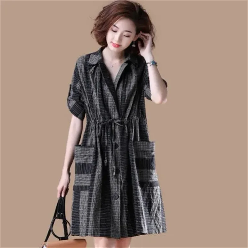 Large Size Women Shirt Dress 2025 New Seven Sleeve Striped Plaid lace up Female Trench Coat Plus Size Women's Clothing M-3XL