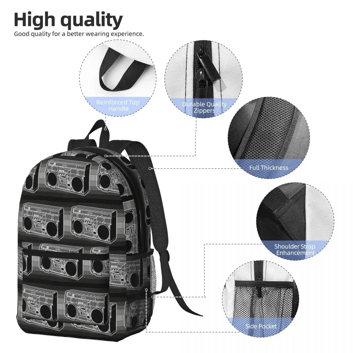Vintage Grey Cartoon Boombox Backpack Daypack Large Capacity Boys Girls BookBag School Bag Shoulder Bags for Men Women