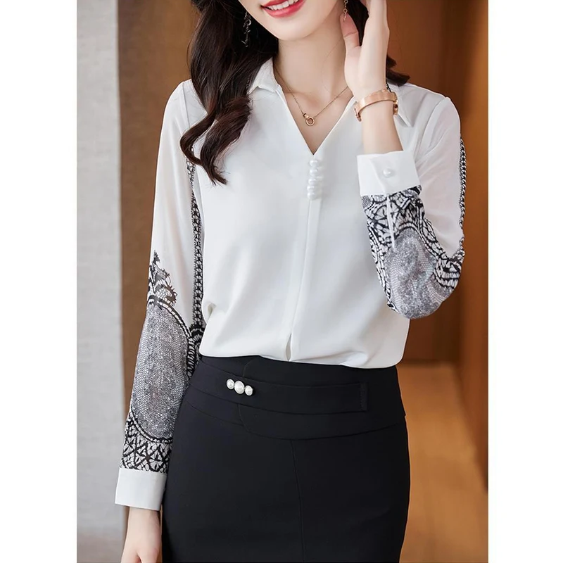 Elegant Chic Beaded Luxury Design Print Office Lady Commute Button Up Shirt Spring Autumn Women V Neck Long Sleeve Tops Blouses