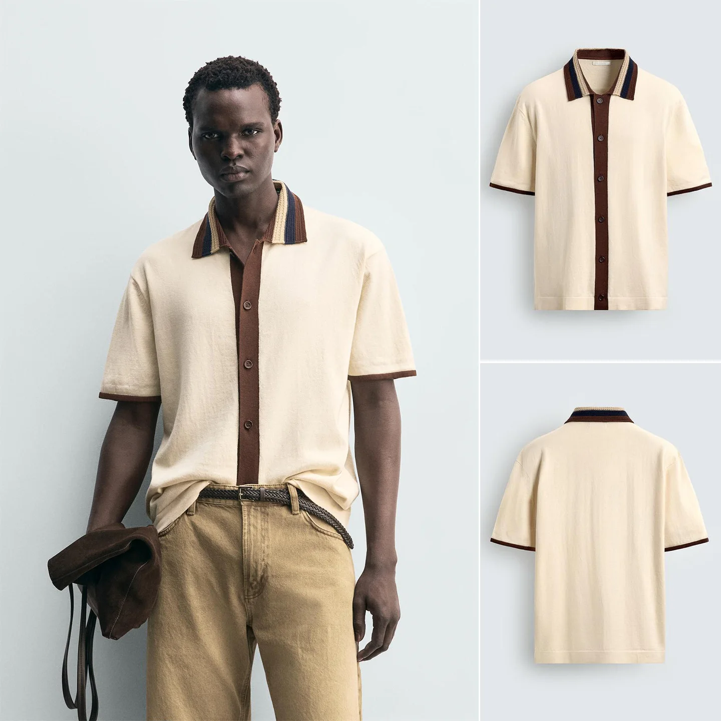

Loose Fit Knitted Short Sleeve Shirt Men's Summer New Style Multi-Button Collar Collision Color Turn-down Collar Single-breasted