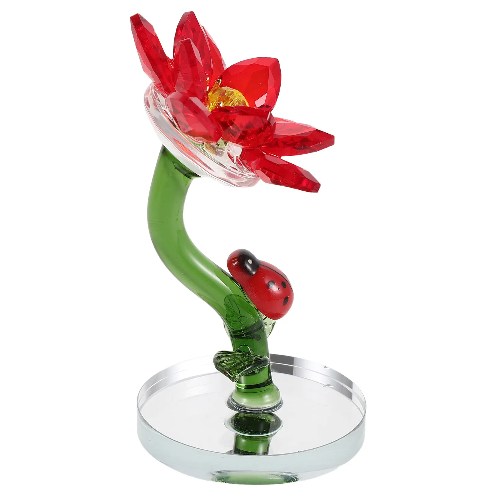 Small Crystal Flower Sculpture Ladybug on Red Hand Blown Glass Decorative Desktop Ornament Home Table Centerpiece