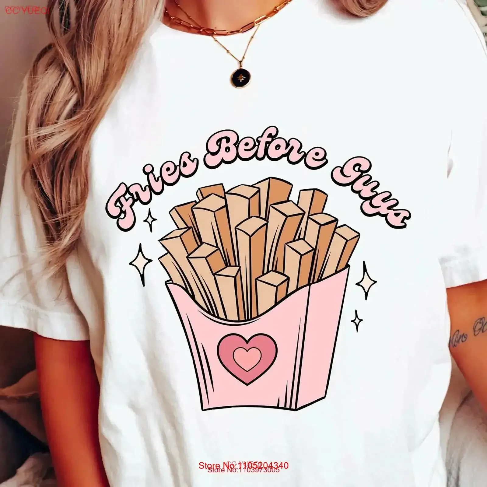 

Fries Before Guys Women's T Shirt Trendy Funny Foodie vintage Washed Soft Casual Stretched streetwear Comfortable Stylish