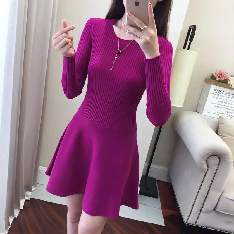 Solid Color Slim O-neck Long Sleeved Empire Dress Autumn Winter Women's Clothing Comfortable Pullover Simple Slender Office Lady